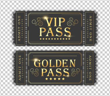 VIP kartı ve altın geçiş şablonları. Festival, sinema, tiyatro, konser, kumarhane, sirk, etkinlik biletleri için uygun. Vektör illüstrasyonu