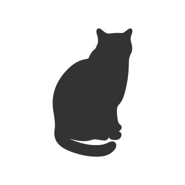 Beyaz arka planda izole bir şekilde oturan kedi silueti. Kedi gölgesi. Vektör illüstrasyonu