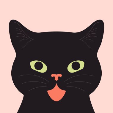 Ağzı açık, sevimli kara kedi. Kedi suratlı portre. Kara kedi miyavlıyor. Vektör illüstrasyonu
