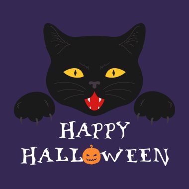 Sivri dişleri ve keskin pençeleri olan siyah kedi yüzlü Cadılar Bayramı tebrik kartı. Vampir kedi. Vektör illüstrasyonu