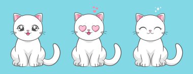 Farklı yüz ifadeleri olan, anime tarzında sevimli beyaz kedi. Çizgi film kedisi karakteri. Vektör illüstrasyonu