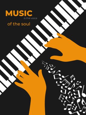 Piyano ve notaları çalan insan eliyle müzik afişi tasarımı. Minimalist müzik geçmişi. Vektör illüstrasyonu