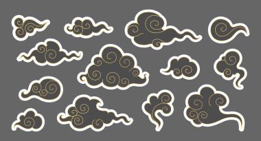 Girdap gibi siyah ve altın renkli bulut çıkartmaları. El çizimi göksel siyah ve altın karalama bulutları. Vektör illüstrasyonu