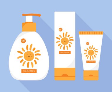 Güneş kremi dizaynı, sevimli, çocuksu bir el yapımı güneş. Güneş kremi ya da kremli şişeler. Vektör illüstrasyonu