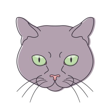 Beyaz arka planda izole edilmiş yeşil gözlü gri kedi yüzü. Vektör illüstrasyonu