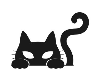 Kedi siluetini dikizleme ve saklama. Pençeleri ve kıvrımlı kuyruğu olan minimalist meraklı kedi amblemi. Vektör illüstrasyonu