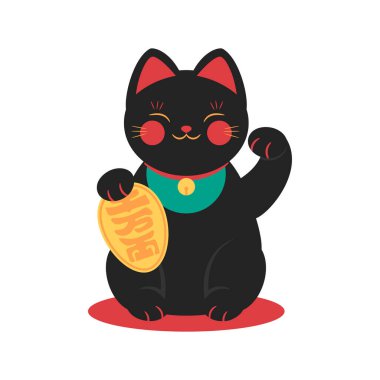 Siyah maneki neko kaldırılmış pençe resmi olan kediyi çağırıyor. Japon çizgi filmi Şanslı Kedi 'nin vektör çizimi. Zenginlik ve tılsım