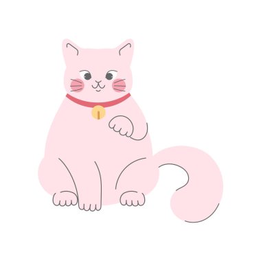 Sevimli el çizimi maneki neko kaldırılmış pençeli kediyi işaret ediyor. Şanslı kedi beyaz arka planda izole edilmiş