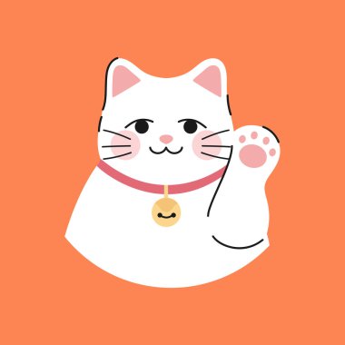 Sevimli el kaldırılmış pençeli şanslı kedi Maneki neko 'yu çizmiş. İşaret eden kedi. Vektör illüstrasyonu