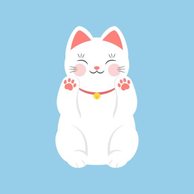 Sevimli beyaz maneki neko kaldırılmış pençeli kediyi çağırıyor. Japon şanslı kedisinin vektör düz simgesi. Zenginlik ve tılsım