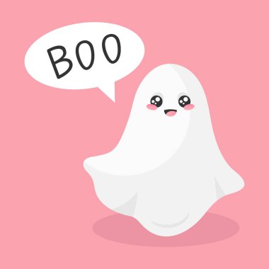 Çarşaftaki şirin hayalet böö diyor. Cadılar Bayramı selamları. Vektör illüstrasyonu