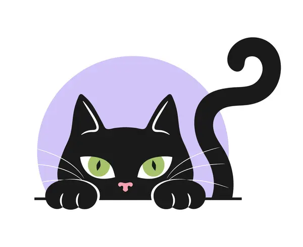 Yeşil gözlü ve kıvranan kuyruklu kara kediyi saklayıp dikizlemek. Meraklı kedi ikonu. Vektör illüstrasyonu