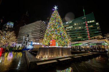 Noel 'de, Detroit, Michigan' daki Campus Martius Park 'taki Noel Ağacı' nda. Yağmurlu bir günde gece çekildi. Park çeşmesinin üstünde dev bir Noel Ağacı var. Ağaçtaki ışıklar görülebilir..