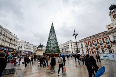 Madrid 'de bir Noel Ağacı, İspanya' da Sol 'da, yağmurlu bir günde. Ağaç, şehrin merkezinde yer almaktadır..