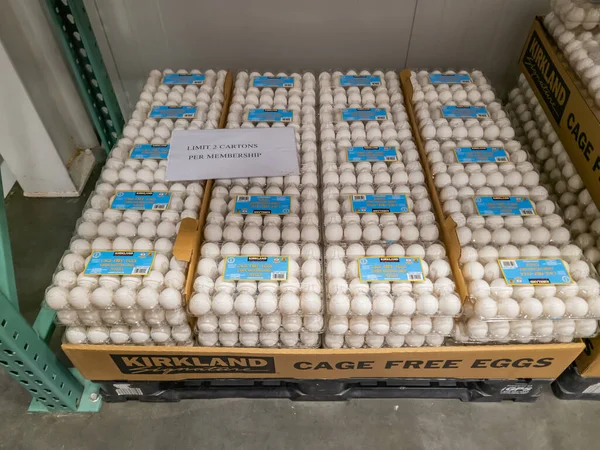 A pallet of Kirkland signature cage free eggs with a limit of two cartons per membership for sale at Costco.