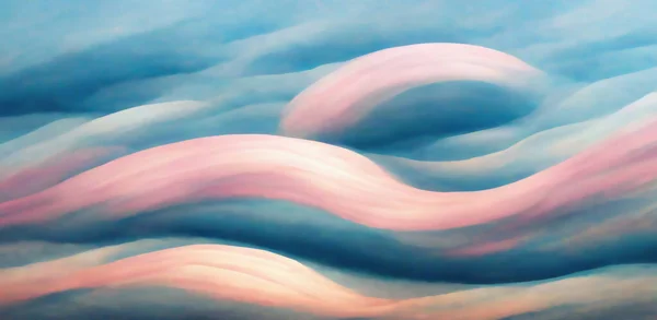 Cloudscape painting. Color wave. Heaven sky. Blur pastel pink blue curve soft clouds flow pattern art illustration abstract background.