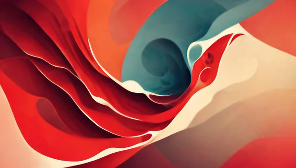 Color block abstract background. Layered texture. Defocused vibrant red orange blue beige curve waves design decorative art illustration.