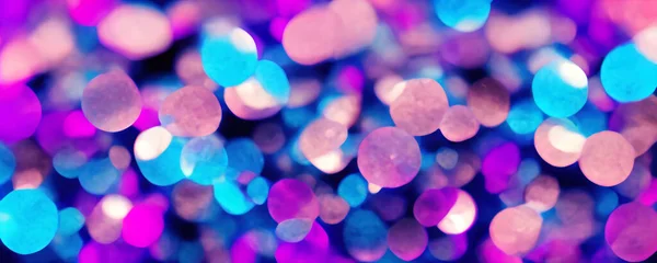 Bokeh circles neon background. Blur glow. Defocused iridescent pink blue purple red color light bubbles texture design abstract art illustration.