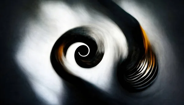 Spiral smoke abstract background. Fantasy vortex. Blur black orange white glowing twisted curve rotation design on dark art illustration.