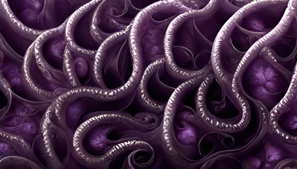 Fractal ornament fantasy background. Monster tentacles. Neon purple color glowing twisted curves abstract design on dark black art illustration.