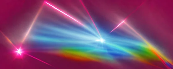 Optical lights. Colorful glow. Graphic banner. Creative illustration with flare colorful blurred rainbow rays with glare effect on pink shining background.