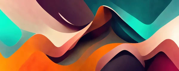 Colorful art. Graphic painting. Abstract banner. Creative digital illustration with brown orange mint green pastel waves mixing shapes background.