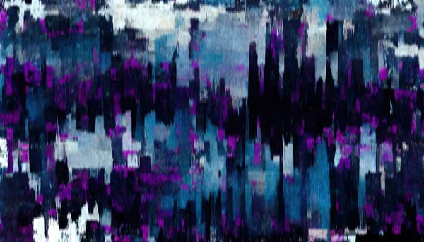 Glitch art abstract background. Pixel artifacts. Defocused purple blue black color noise distortion pattern dark creative illustration.