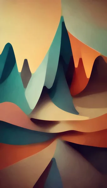 Graphic art. Abstract background. Retro color. Blur orange brown beige blue curve shape figure block mountain hills decorative design illustration.