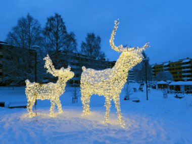 Rovaniemi-Finlandiya kar parkında aydınlanmış ren geyiği