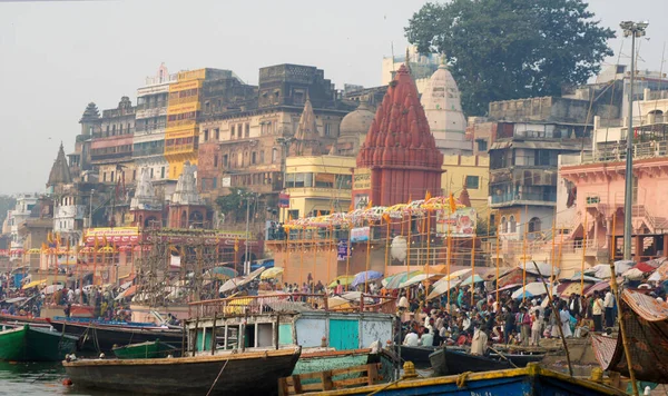 Festiwal Ganga Mahotsav Wschód Słońca Nad Rzeką Ganjes Benares Varanasi — Zdjęcie stockowe