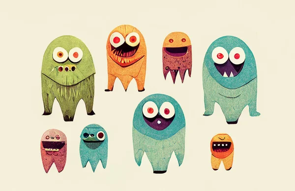Set Bright Funny Cute Monsters Aliens Collection Isolated Background High — Stock Photo, Image