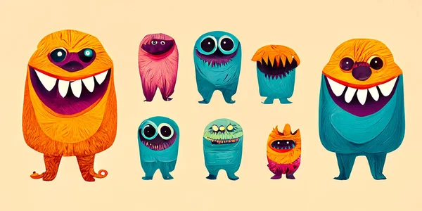 Monstro Colorido Silhueta Conjunto Ícones Desenhos Animados Bonito Assustador Personagem — Fotografia de Stock