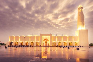 Imam Muhammad bin AbdulWahab Mosque at the cloudy night in the city of Doha, Qatar, Middle east