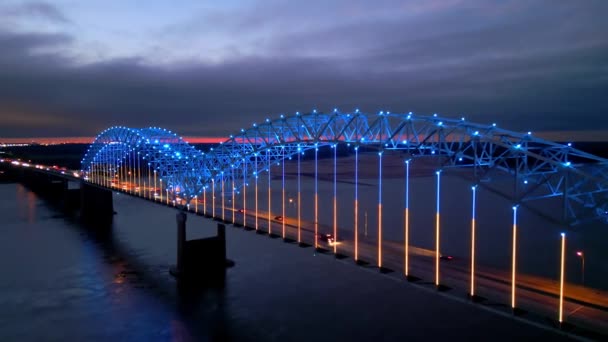 Hernando Soto Bridge Memphis Arkansas Tennessee Night Aerial View — Stock Video
