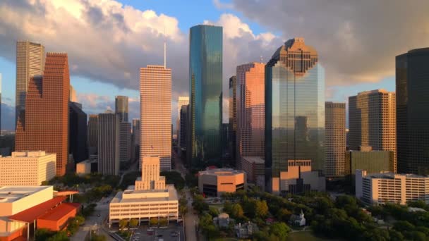 Skyline Von Houston Texas Bei Sonnenuntergang Luftaufnahme — Stockvideo