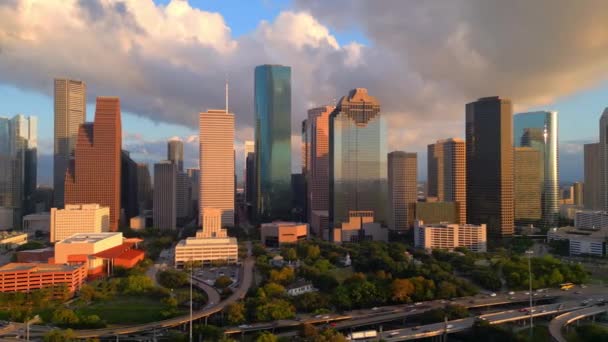 Skyline Houston Texas Pôr Sol Vista Aérea — Vídeo de Stock