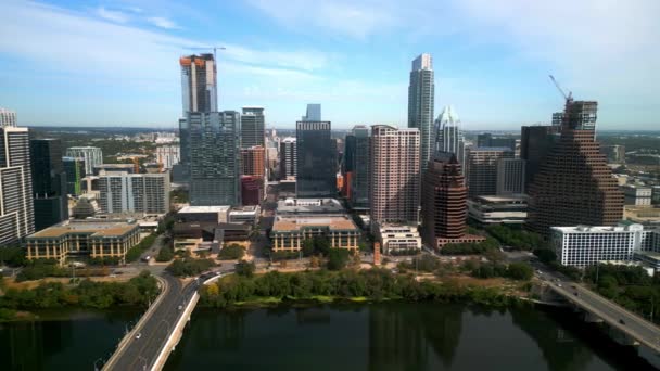 Iconic Buildings Downtown Austin Skyline Aerial View — Stock Video