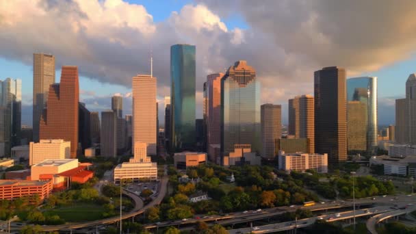Skyline Van Houston Texas Bij Zonsondergang Luchtfoto — Stockvideo