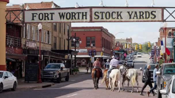 Ιππασία Μέσω Του Fort Worth Stockyards Στην Ιστορική Περιοχή Fort — Αρχείο Βίντεο