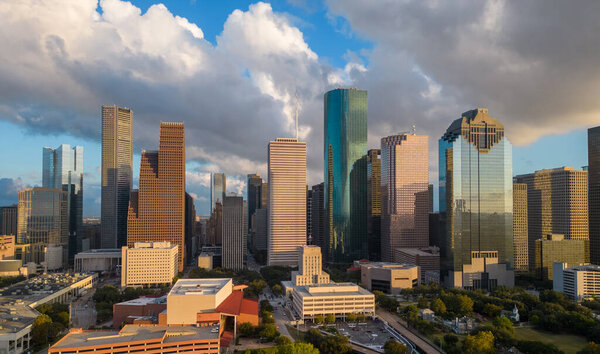 Panoramic view over the city of Houston at sunset- HOUSTON, TEXAS - OCTOBER 31, 2022