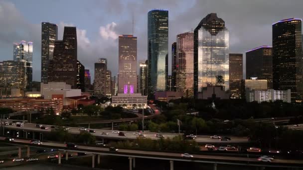 Toller Blick Über Die Skyline Von Houston Texas Bei Nacht — Stockvideo