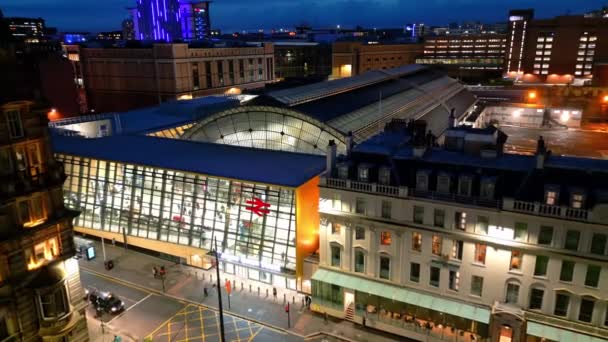 Glasgow Queens Street Station City Center Légi Felvétel Éjjel Glasgow — Stock videók