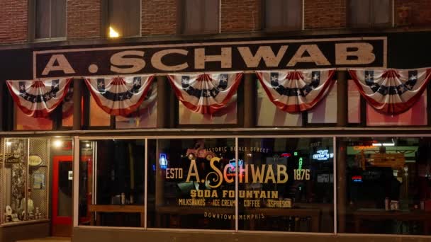 Berömd Schwab Soda Fontän Beale Street Memphis Hemmet För Blues — Stockvideo