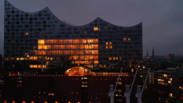 Elbphilharmonie Concert Hall Hamburku Noci Úžasný Záběr Bezpilotního Letounu City — Stock video