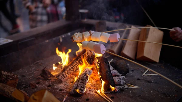 Toasting marshmallows over open fire - LONDON, UNITED KINGDOM - DECEMBER 20, 2022