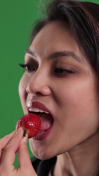 Young Woman Bite Strawberry Close Studio Shooting — Stock Video