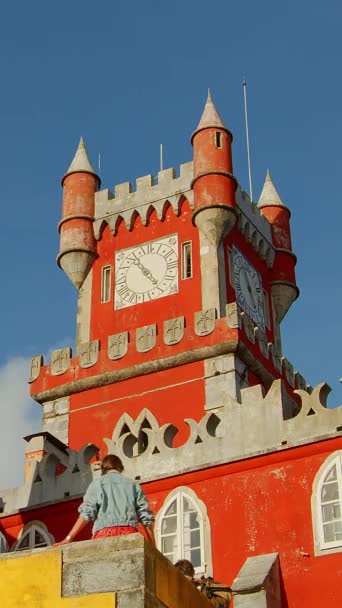 Прекрасный Замок Паласио Пена Португалии Фотографии Света — стоковое видео
