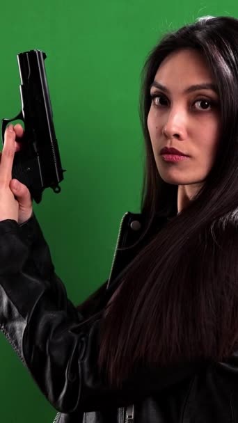 Female Agent Gun Her Hands Studio Shooting — Stock Video
