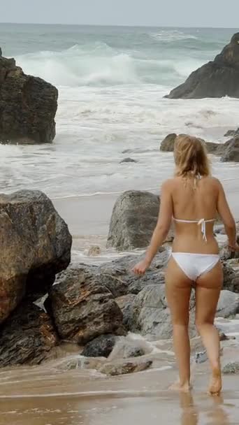 ビーチでビキニを着たセクシーな女の子 海での夏休み 旅行写真 — ストック動画