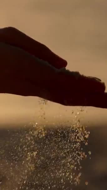 Mladá Žena Hrající Pískem Pláži Při Západu Slunce Zpomalený Film — Stock video